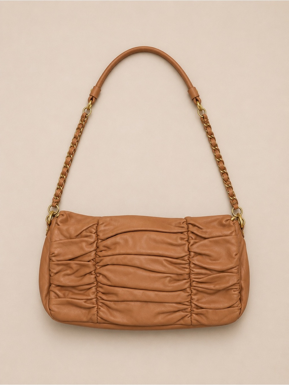 Nina Ricci Ruched Leather Chain Shoulder Bag Cognac Tan Gold Hardware
